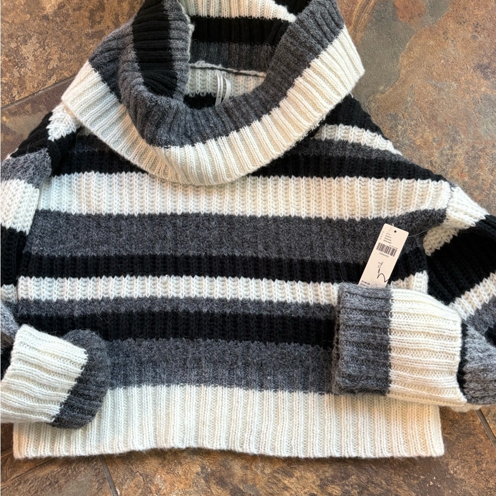 Anthropologie Black, Gray, and Cream Striped Turtleneck Sweater